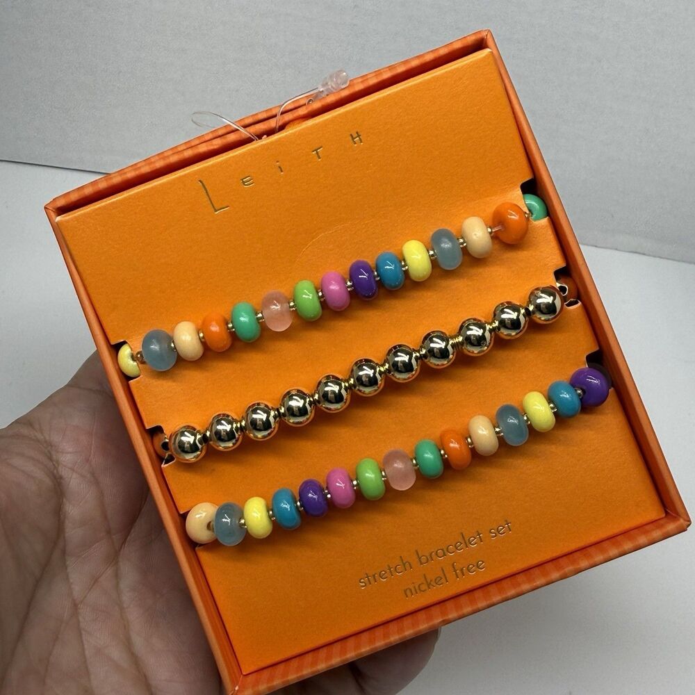 Leith Beaded Stretch Bracelet Set of Three Candy Like Multi-Color And Gold New
